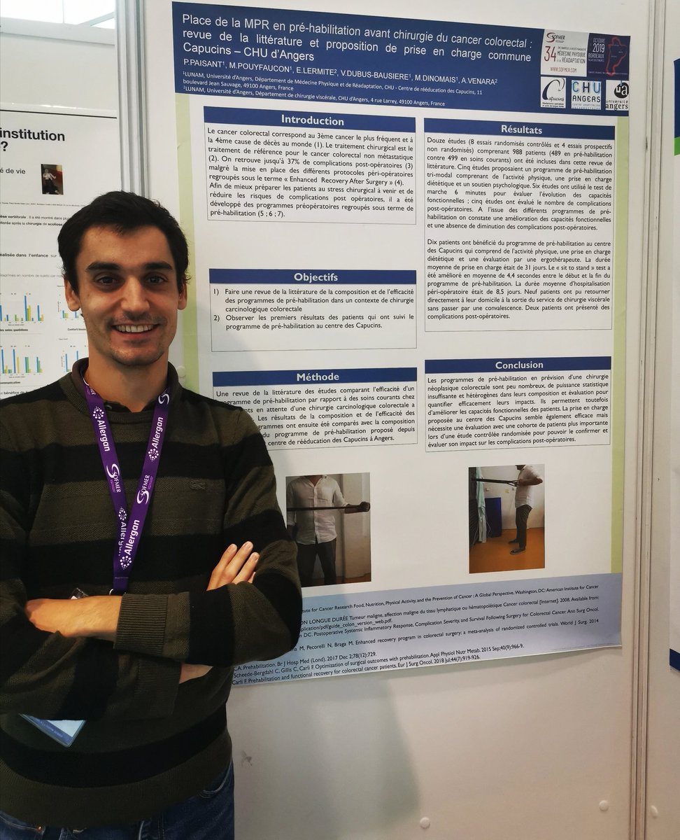 MPRangevin's tweet photo. @MPRangevin à l'honneur aujourd'hui au congrès de @SOFMERofficiel avec 3 posters. Dr P. Paisant et la pré-habilitation avant chirurgie de cancer colorectal. @chu_angers @FacSante_Angers @UnivAngers #sofmer2019 #Angers #Bordeaux #rehabilitation #prehabilitation #cancer #surgery https://t.co/cA76PkVBy6