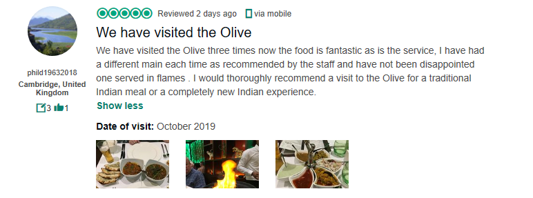 Thanks for the flaming good review on #TripAdvisor Phil! We look forward to seeing you again soon at #OliveRestaurant in #StNeots, #Cambridgeshire -  https://olivestneots.restuarant