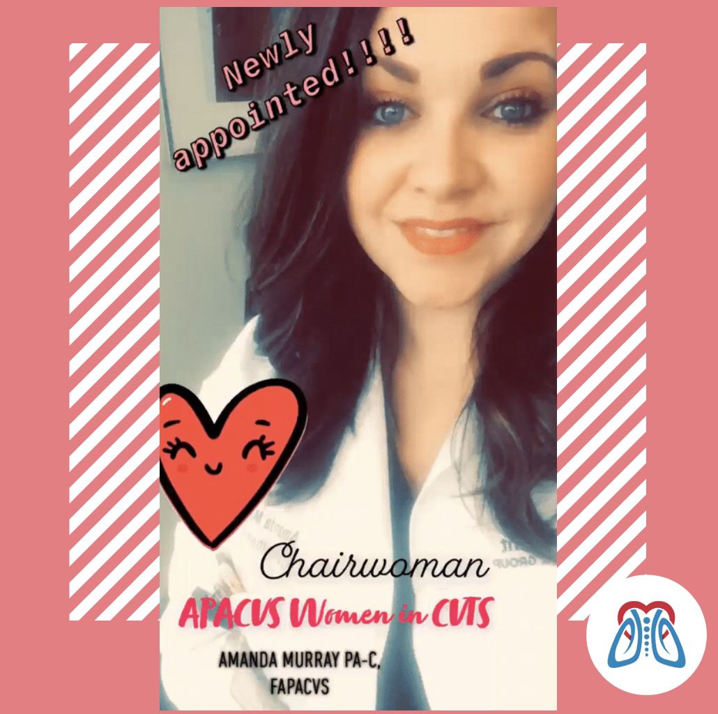 Member at Large,PA Amanda Murray, was appointed the Chairwoman of the APACVS Women in CVTS. Our organization realizes the importance and need to represent, encourage, and advocate for the women in our specialties #PhysicianAssistant #PAmedtwitter #WomenInMedicine #WomenLeadTheWay