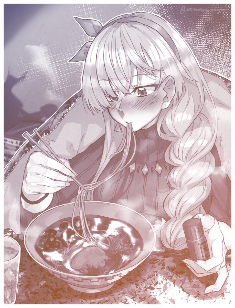 anastasia (fate) 1girl noodles ramen food monochrome eating braid  illustration images