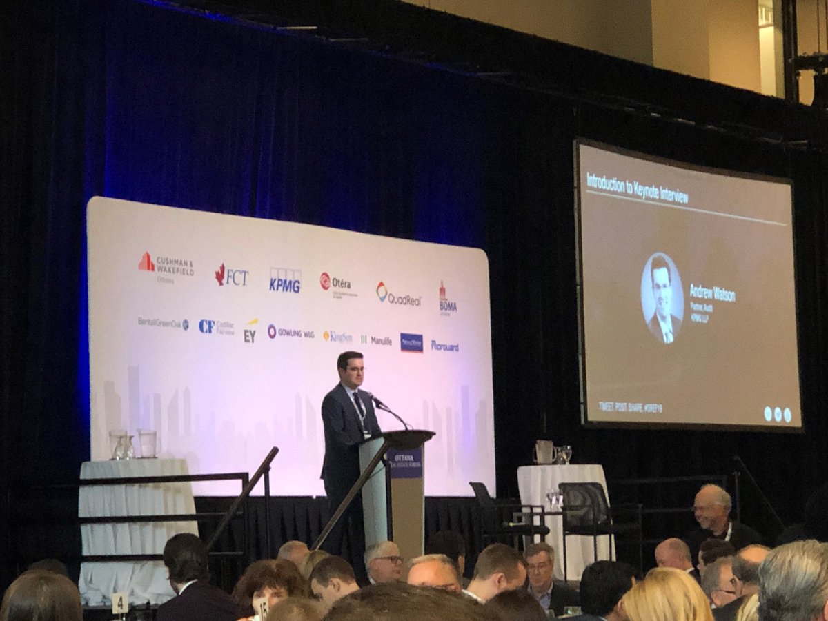 grantjmcd's tweet photo. Andrew Watson, @KPMG_Canada #Partner, had a great time at the @re_forums yesterday introducing @JimWatsonOttawa & Hugh Gorman for their discussion on the continued evolution of #Ottawa. #OREF19 https://t.co/RoqzNBZ8V0