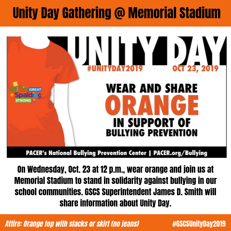 GSCSELA's tweet photo. 10/23/19 Unity Day
#2019UnityDay
#GriffinGreatSpaldingStrong https://t.co/bOdRTOkuR4