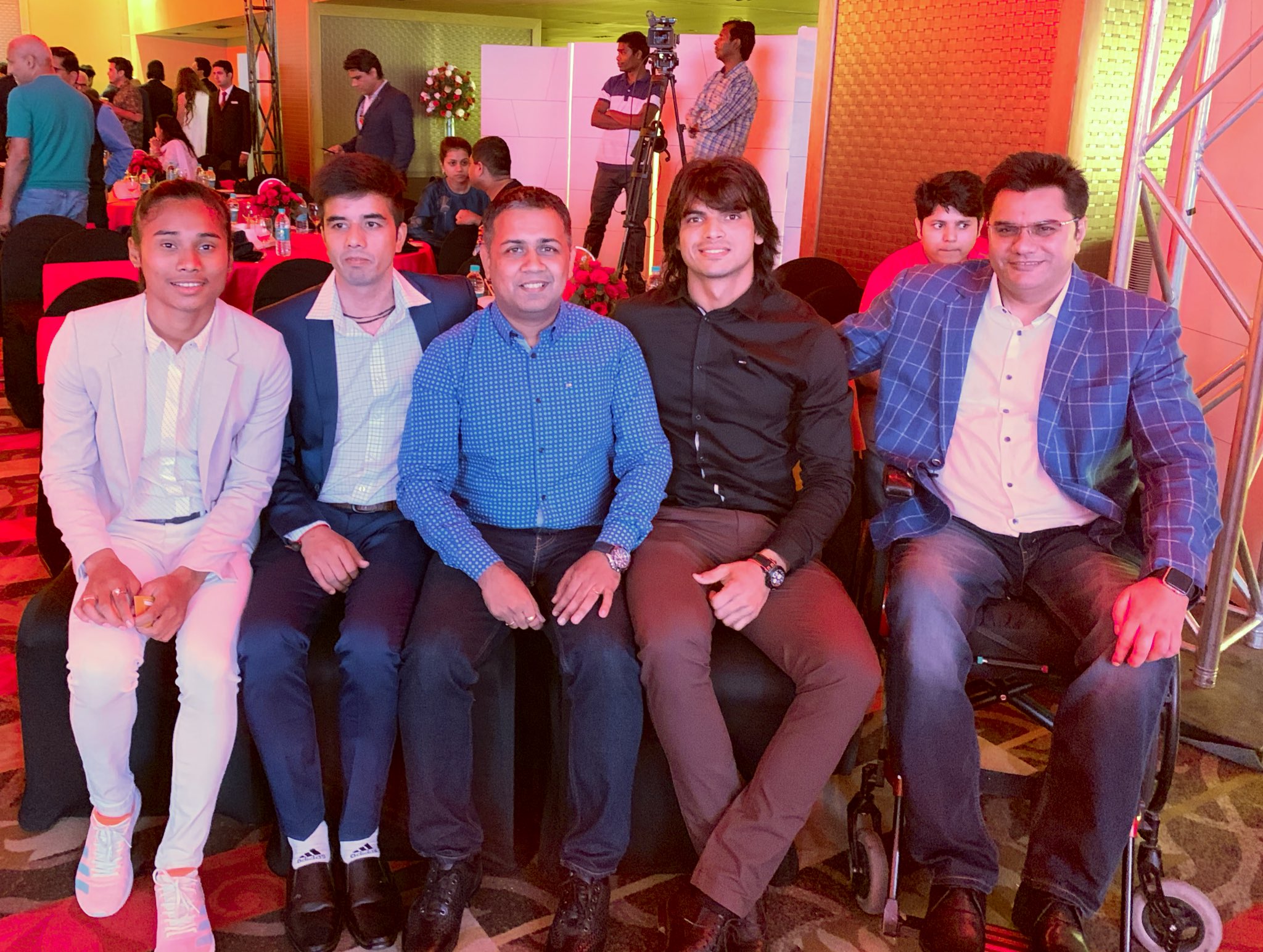 ImageRahul Trehan with Hima Das, Neeraj Chopra, Amit Saroha and Manish Singh Rawat