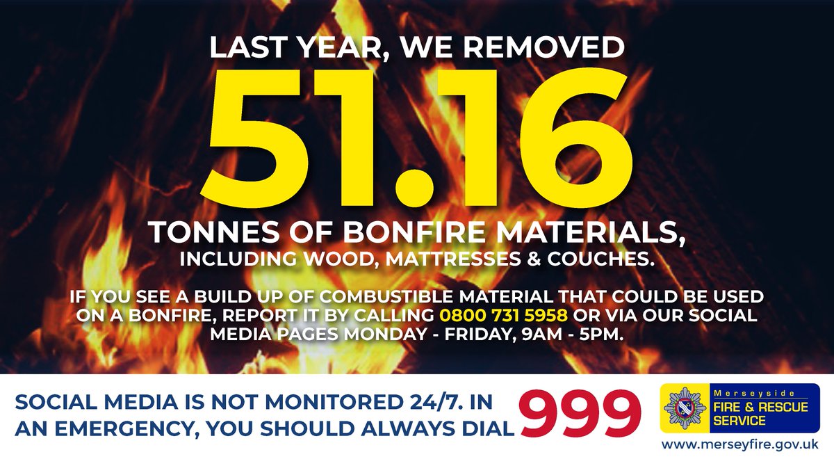Last year,  we removed 51.16 tonnes of materials that could have been used to start a fire 🔥 If you see a build up of combustible materials that could be used on a bonfire, please report it. 

We will assess the materials &amp; remove those that pose a threat, harm or risk.