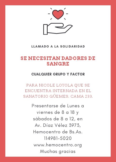 Necesitamos dadores de sangre para amiga trans que se accidentó con la moto. Por favor RT. Está muy grave