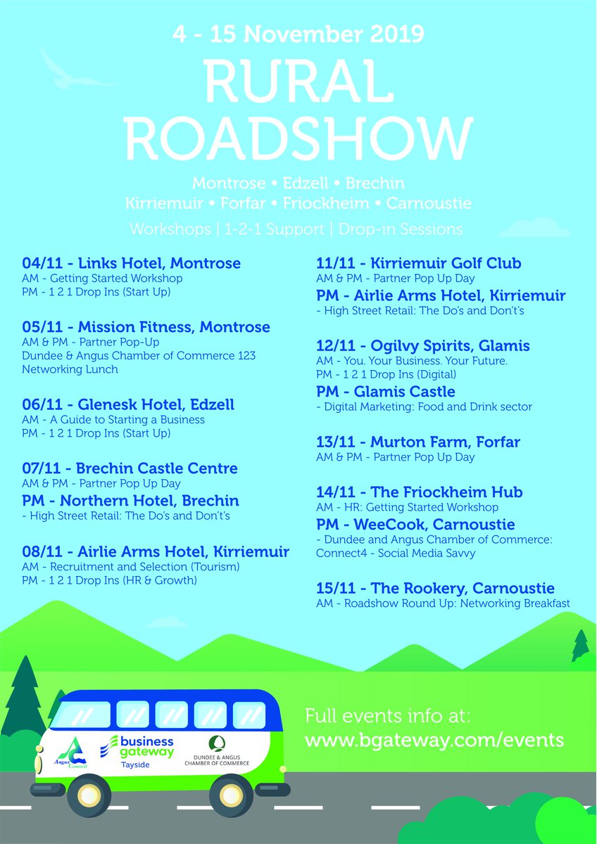investinangus's tweet photo. Business Gateway Tayside's Angus Rural Roadshow offers various business support and kicks off on 4th November. Why not pop along to one of our events to discuss your business needs? #angus #bgtayside #connectwithus https://t.co/90H4O7tESX
