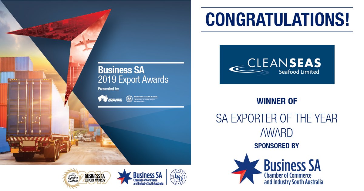 Business_SA's tweet photo. Congratulations Clean Seas Seafood! @hiramasaking Thanks to award sponsor Business SA #ExportAwardsSA https://t.co/DLFGwGASCz