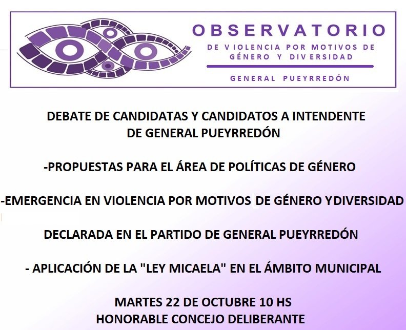 Martes 22/10 Debate de candidatas y candidatos a Intendente del partido de Gral Pueyrredon para conocer sus propuestas para el area de politicas de genero, energencia contra la violencia e implementacion ley micaela 👇