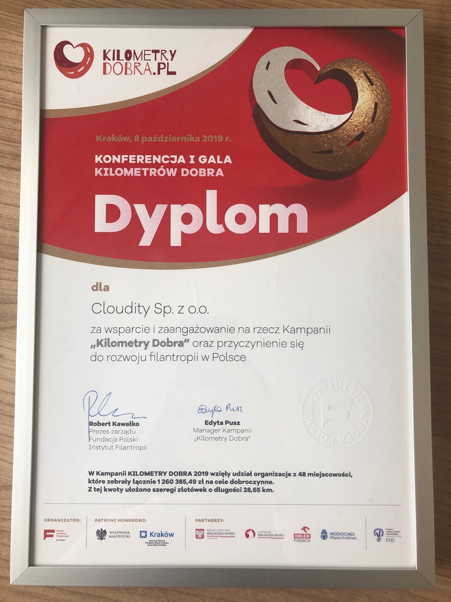 A couple of weeks ago the implementation of Salesforce.org in at the Polish Institute of Philanthropy was completed. Cloudity received a diploma for supporting the “Kilometry Dobra” (Miles of Good) campaign and contributing to the development of philanthropy in Poland.