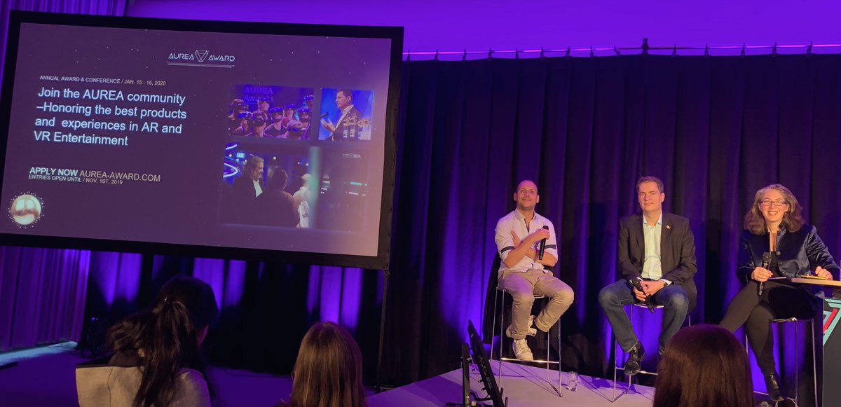 ThomasWagnerVRC's tweet photo. Had a great time with Emily Olman and Frédéric Lecompte talking about #LBE #VR and #AureaAward on stage at #AWE2019 ! @AureaAward @OlmanEmily https://t.co/eKLPwffA1x