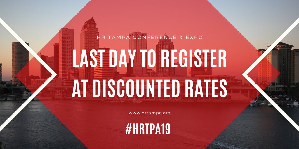 LAST DAY TO REGISTER: @HRTampa members you must register today in order to avoid walk-up rates! Don't miss it!  bit.ly/-HRTPA19  

#hrtampa #hrtpa19 #humanresources #hrprofessionals #networking #humanresourcesisbusiness #heartofbusiness #hrlife #HRTribe