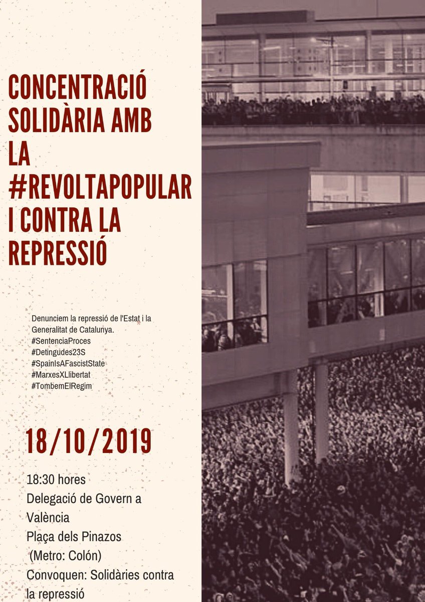 Hui se vejem a la nostra #Valencia per a combatre el feixisme. Els carrers seguiran sent sempre nostres. #AlertaAntifeixista #Tsunamidemocratic #RevoltaPopular