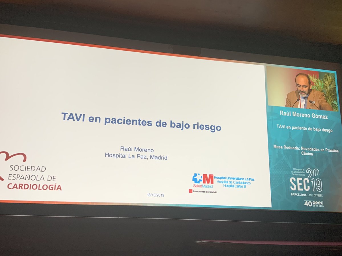 almucastro01's tweet image. TAVI en bajo riesgo en Novedades práctica clínica @RaulmorenoMD  #sec19