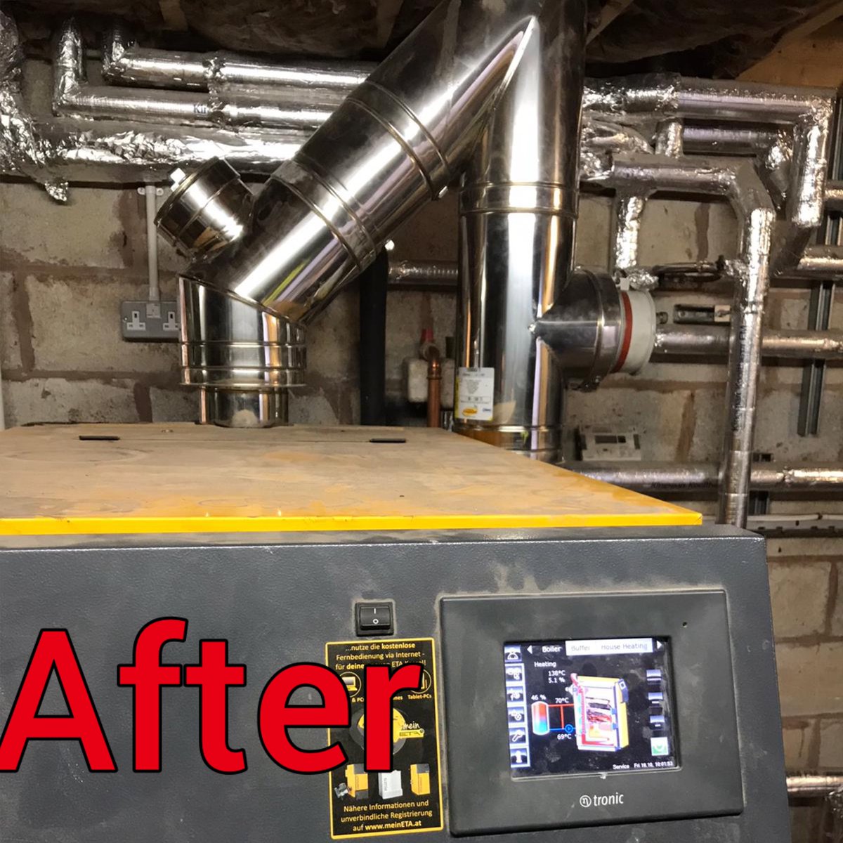 Flue correction this morning on this ETA Log biomass, incorrectly positioned draft stabiliser making the boiler run to hot and resulting in  hundreds of pounds worth of damage to its grate and fire stones all caused by to much flue draft!! <a href="/Innasol/">Innasol</a> #RenewableEnergy #biomass