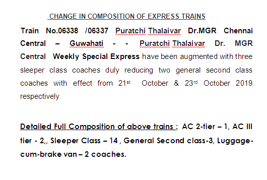 GMSRailway's tweet photo. Change in composition of Express train s @DrmChennai https://t.co/lhsRLI10th