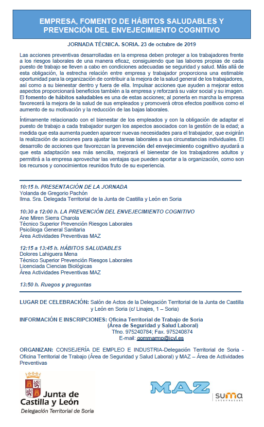 prevencionjcyl's tweet photo. ¡La #PRL se mueve en #JCyL!

#EventosPRL

Jornada Técnica "Empresa, Fomento de Hábitos Saludables y Prevención del Envejecimiento Cognitivo"

Organiza #ASSLSoria y colabora @mutuamaz

Soria, 23/10/19.

INFO e inscripciones:

https://t.co/JEnQ9cKfKY https://t.co/xGhdHxG5X1