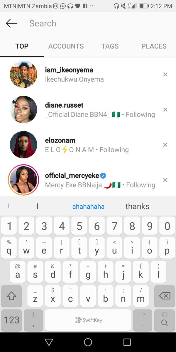 NokuthulaIngwe's tweet image. My Instagram search list.. I'm this biased🙄🙄😂😂😂 oya go and follow them immediately
#BBNaija
#teamMercy
#teamdiane
#TeamElozonam
#teamIke
#teamdialo