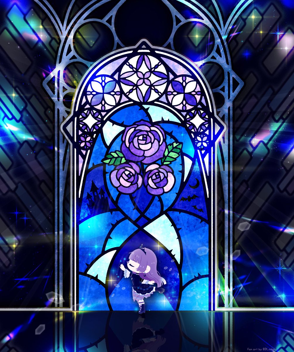 stained glass 1girl solo flower long hair rose reflection  illustration images