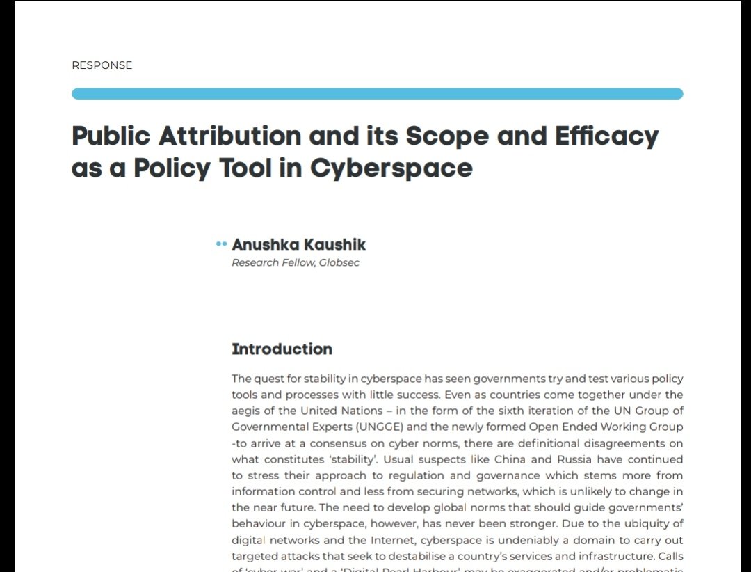 anushkacyber's tweet photo. Sharing my latest essay published in @orfonline 's Digital Debates Vol. 6, launched at #CyFy2019. @GLOBSEC. Read here - https://t.co/L479WhMC34. 
I argue that public attribution of cyber-attacks is limited as a policy tool for three reasons - involvement of few states (1/2) https://t.co/Tmb0KJ6JMN