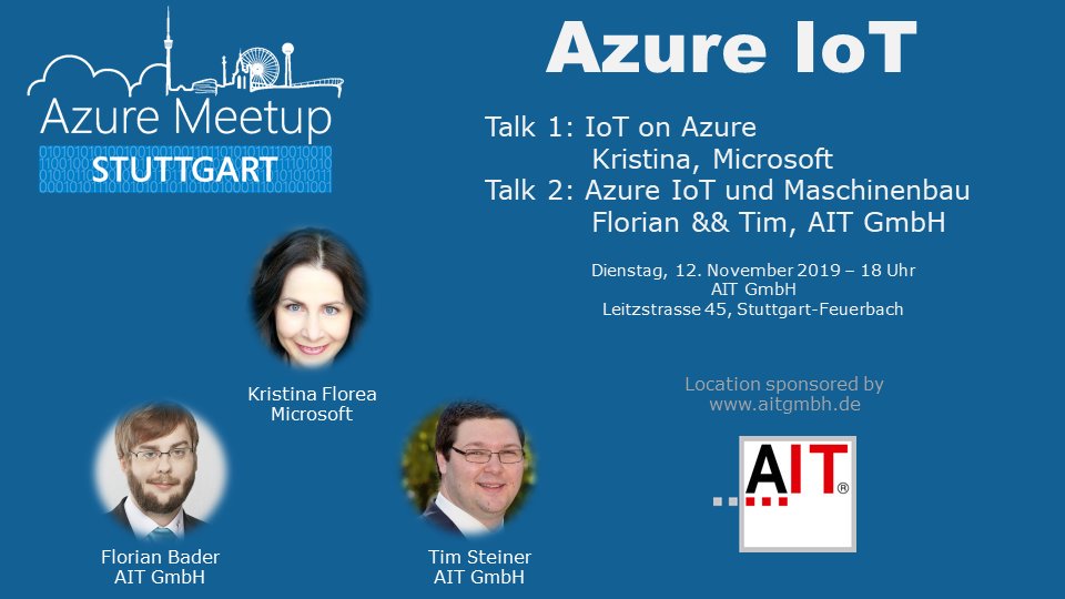 Unser nächstes <a href="/AzureStuttgart/">AzureStuttgart</a> Meetup rund um <a href="/Azure/">Microsoft Azure</a> #IoT mit <a href="/MicrosoftDE/">Microsoft Germany</a> und @aitgmbh am 12. November in #Stuttgart Feuerbach!

azurestuttgart.de <a href="/kristinaflorea/">Kristina</a> <a href="/IoTimDE/">Tim Steiner</a> <a href="/FlorianBaderDE/">Florian Bader</a>
