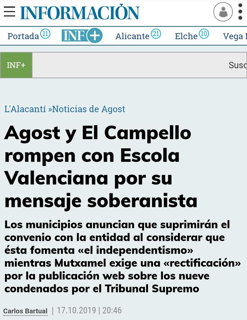 Agost y El Campello rompen convenio con la entidad radical filocatalanista Escola Valenciana (recordemos que denunciada a Fiscalía de Menores en 2017 por adoctrinamiento nacionalista en los colegios). Se debe exigir la eliminación de convenios con esa entidad EN TODA INSTITUCIÓN.