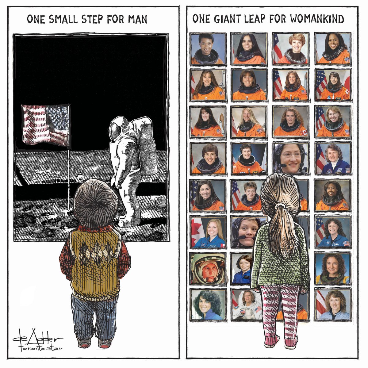 deAdder's tweet photo. The first-ever all-female #Spacewalk!  @NASA @Astro_Christina @Astro_Jessica @Space_Station @TorontoStar #cartoonrepost https://t.co/jFfg2XFTBm