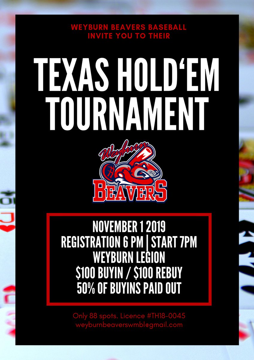 ♠️♥️TEXAS HOLD ‘EM♦️♣️
🗓 Friday November 1st 
⏰ Registration 6:00 - Game Starts 7:00 
📍Weyburn Legion 

Friday is also Steak Night at the Legion! For every player who registers for Poker and buys a pre-game supper, they’ll also receive a FREE DRINK courtesy of the Legion!