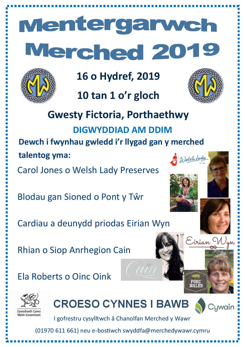 Cofiwch am y diwrnod Mentergarwch Merched olaf dydd Mercher nesaf (23/10) yn Y Drenewydd!
Mari Eluned <a href="/MariEluned/">Mari Eluned</a> 
Lowri Thomas <a href="/welshlambuk/">Gwella</a> 
Helen Wynn o Kefir Cymru
Alaw Griffiths o Digwyddiadau Calon
Glenys Morgan yn gosod blodau
Cysylltwch ar swyddfa i archebu lle!
