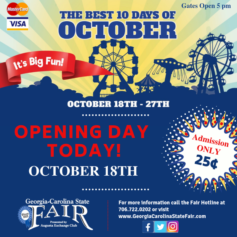GaSc_StateFair's tweet photo. The BEST 10 DAYS of October are FINALLY Here!  
#GeorgiaCarolinaStateFair #itsbigfun2019 #thebest10daysofoctober #GCSF https://t.co/iY6Ydvp44K