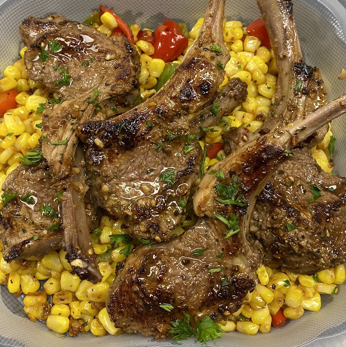 Seared Lamb Chops with Sautéed Corn been been craving now I dig in. #searedlambchops #sauteedcorn #goodfood #mecookmeeat #foodinspiration #fortheloveofcooking