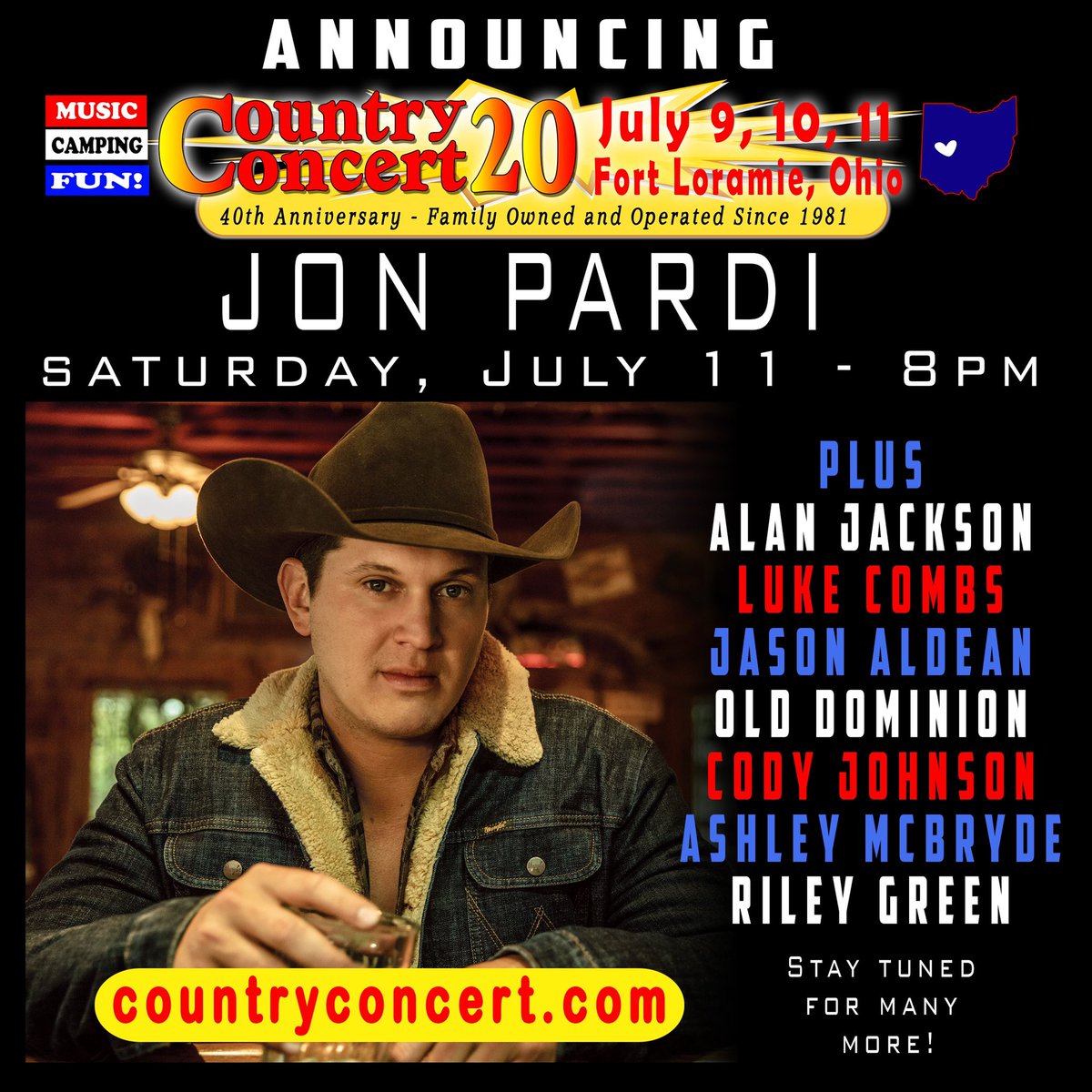 countryconcert's tweet photo. RED HOT 🔥 @JonPardi &amp; ACM New Female &amp; CMT Breakthrough Artist @AshleyMcBryde join Luke Combs, Jason Aldean, Alan Jackson, Old Dominion, Cody Johnson &amp; Riley Green in the CC20 Superstar Line up 😎🎉  many more TBA 👊🏻Tix &amp; Camping on sale 11/25 at https://t.co/Ec8GdvaSln https://t.co/XSOkS7jFyF