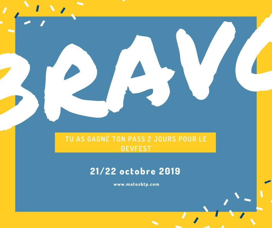 MATOS_BTP's tweet photo. 📢 RESULTAT 📢

Parmi les bonnes réponses sur Twitter, c'est @EmericBreal qui a été tiré au sort pour gagner un pass 2 jours direction le @devfestnantes 🤘🤙👏

Bravo à toi ! RDV lundi pour assister aux conférences 👨‍🏫
Nous te contactons par MP 🎫

➡️ https://t.co/Dd91APRJkm https://t.co/y1qZsV8TKZ