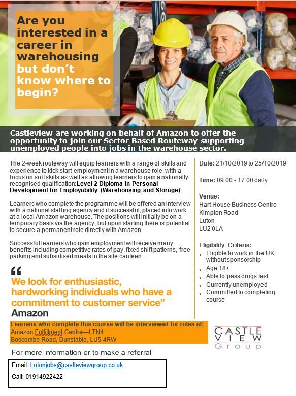 CastleView Group is working on behalf of Amazon.
We look for enthusiastic, hardworking individuals who commit to customer service.
To apply for the following position, please send your up to date CV to:
Lutonjobs@castleviewgroup.co.uk
Or call for more information 01914922422.