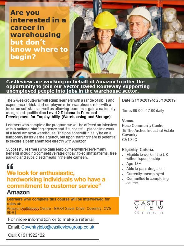 CastleView Group is working on behalf of Amazon.
We look for enthusiastic, hardworking individuals who commit to customer service.
To apply for the following position, please send your up to date CV to:
Coventryjobs@castleviewgroup.co.uk
Or call for more information 01914922422.