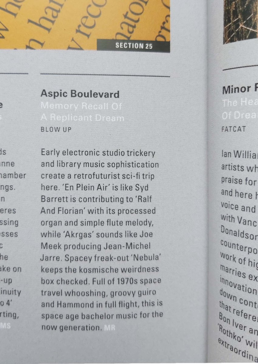 A world exclusive first review in latest @ElectronicMagUK of @aspicboulevard debut album 'Memory Recall Of A Replicant Dream'-'like #SydBarrett is contributing to Ralf And Florian' + '#JoeMeek producing #JeanMichelJarre' #ElectronicMusic #Kosmische #Kraftwerk #bladerunner