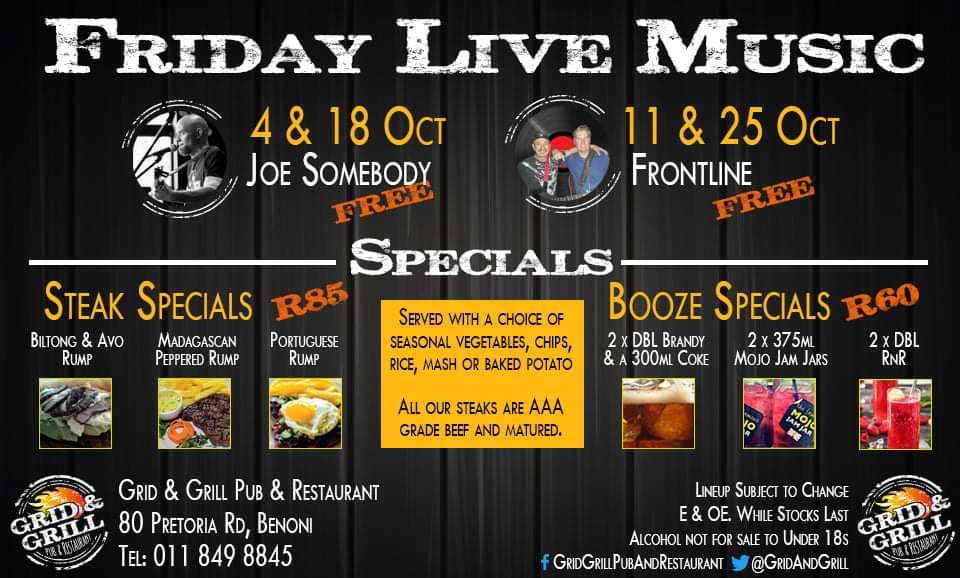 Live Music Friday is here! We've got Joe Somebody LIVE on stage tonight from 8pm plus our awesome Friday Steak Specials (for just R85) and loads of booze specials too 🍻🥩💃