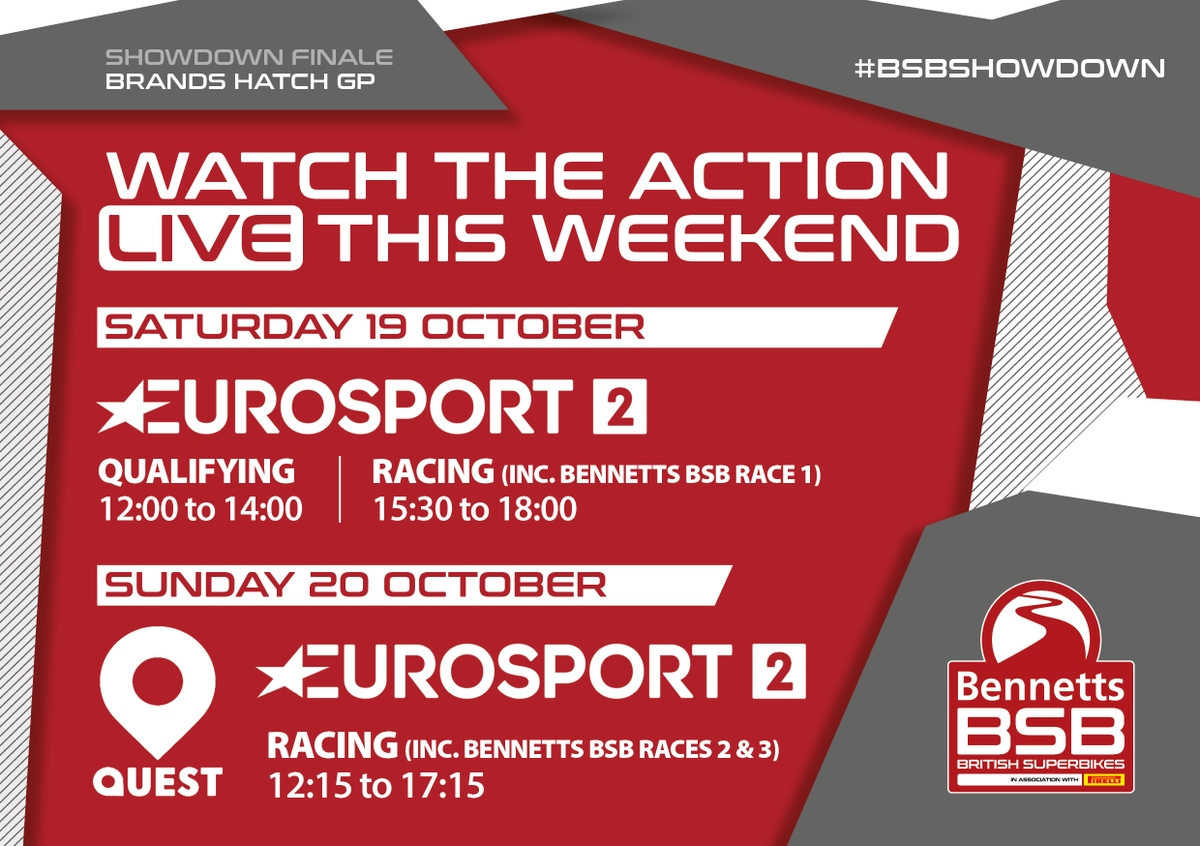 TV ALERT!

All the times you need for <a href="/bennetts_bike/">Bennetts</a> BSB this weekend - live on @Eurosport_UK 2 and <a href="/QuestTV/">Quest</a> from <a href="/Brands_Hatch/">Brands Hatch</a>