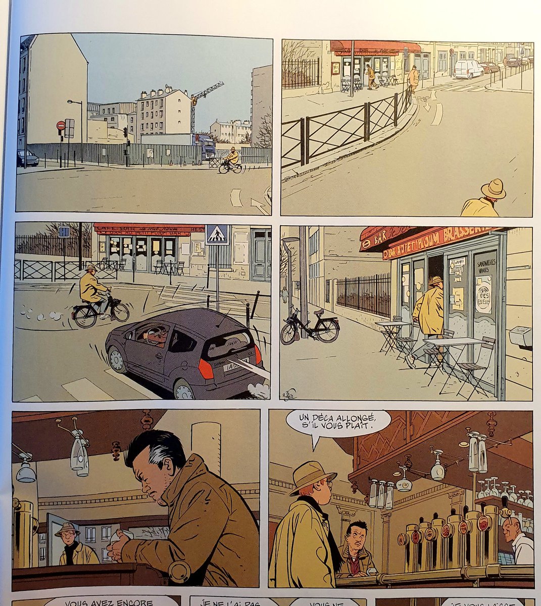 Alain Dodier is one of the best European artists, to my taste. He's mostly known for his Jerôme Bloche series (since 1985) and noone talks much about him, but his lines and compositions in panels are always excellent.
Check him out, really.
(Snap from Spirou Magazine) 