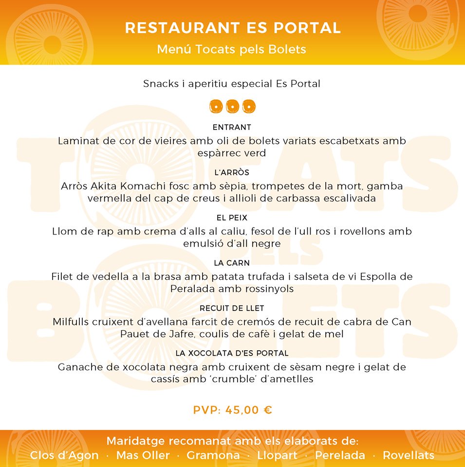 CuinaEmpordanet's tweet photo. 🍄 Campanya gastronòmica 👉TOCATS PELS BOLETS👈 del 4️⃣ d'octubre al 3️⃣ de novembre❗️
📣 Avui us descobrim... el restaurant l'@Es_Portal de Pals🔝😊 #cuinaempordanet #tocatspelsbolets #tardor #bolets #gastronomy #menúbolets #restaurantesportal #esportal #esportalgastronòmic #pals https://t.co/rEMVIIJIlT