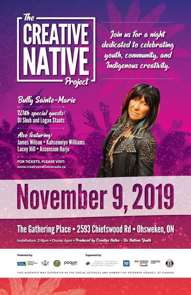 ✨We are SO EXCITED to announce the official line-up for our show, Nov. 9th at @GPbytheGrand in Six Nations!✨ This is going to be a night to remember! @BuffySteMarie @djshub @LoganStaats @jamesmusic836 @kahsenniyo @MusicLacey @RyersonFCAD @saagajiwe