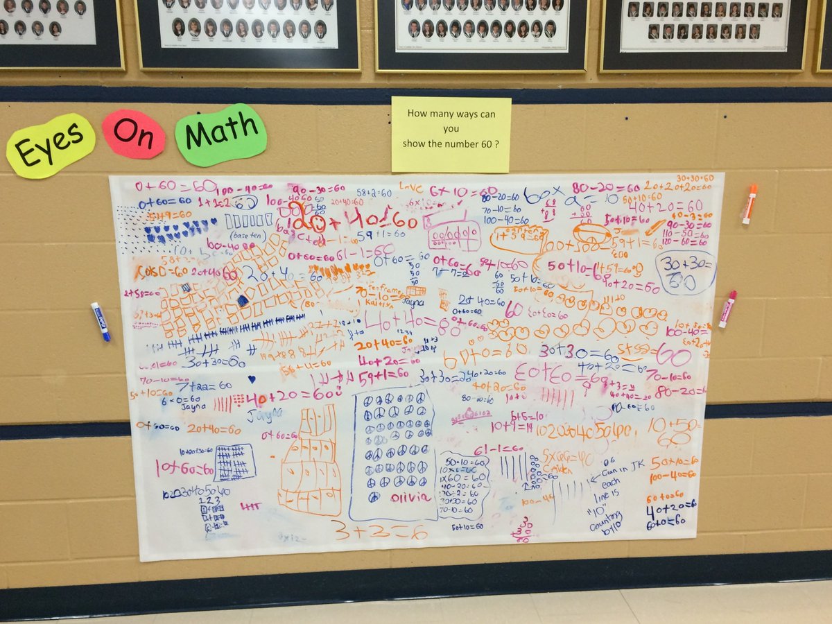 StJudesING's tweet photo. Math is visible here at St. Jude's. Our Interactive VNPS (Vertical Non-Permanent Surface) Boards are getting students to share their math thinking and strategies. Students are challenged with new questions each week. @LDCSBMath @LDCSB https://t.co/HX8nDt25il