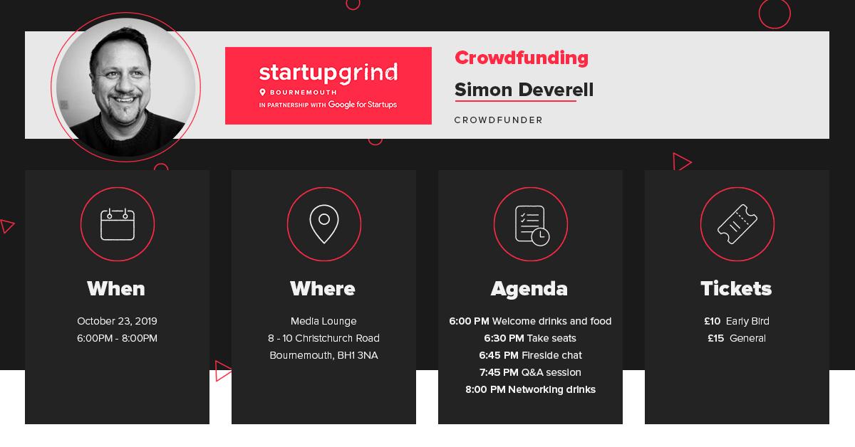 Part of <a href="/BOMOFestival/">BOMO Festival</a> , October’s <a href="/StartupGrindBmh/">Startup Grind Bournemouth</a> welcomes Simon Deverell of <a href="/crowdfunderuk/">Crowdfunder UK</a> for an evening of discussion around the evolution of #crowdfunding 

Get 50% off of your ticket for next Wednesday's (23rd Oct) event: bit.ly/31qnp1l 

#startup #Bournemouth