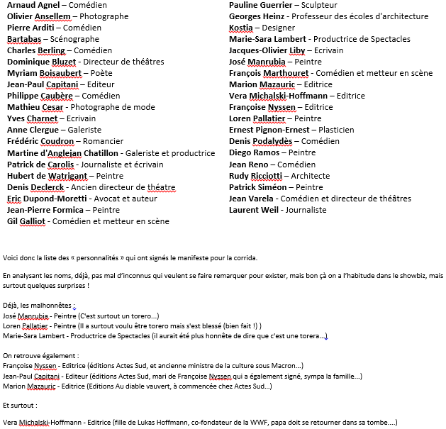 DeadMoneyTeam's tweet photo. La liste des personnalités qui se mobilisent contre l'interdiction des corridas aux mineurs... 

Avec une petite recherche pour certains, assez drôle d'ailleurs les toreros signataires en tant qu'"artistes"...

#Corrida #honte #boycott

N'hésitez pas à 🔃 ! https://t.co/G1qXe9blQ3