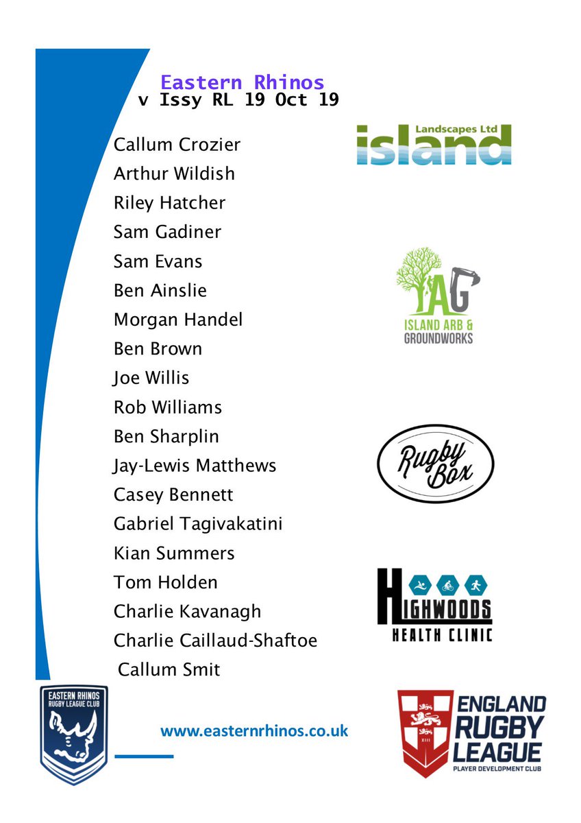 💥Junior development match💥
Eastern Rhinos 🇬🇧 VS 🇫🇷 Issy RLC 
📍Mill Road CO4 5JF
📅 tomorrow Saturday 19 Oct
🕰 KO 1400
🦏 support welcome, bar open
🦏 #letsgorhinos
Thanks to our main sponsor <a href="/island_lscapes/">Island Landscapes</a>