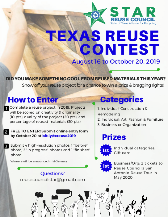 Sunday is National Reuse Day. What better way to celebrate than to enter the Texas Reuse Contest! Did you make something cool out of reused materials? Go to:
bit.ly/txreuse2019   
by midnight Sunday for a chance to win prizes and statewide recognition!