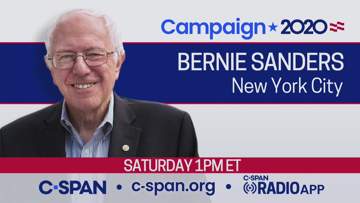cspan's tweet image. Sen. @BernieSanders campaigns in New York City with Rep. Alexandria Ocasio-Cortez (@AOC) – LIVE at 1pm ET on C-SPAN cs.pn/2VVqh5l