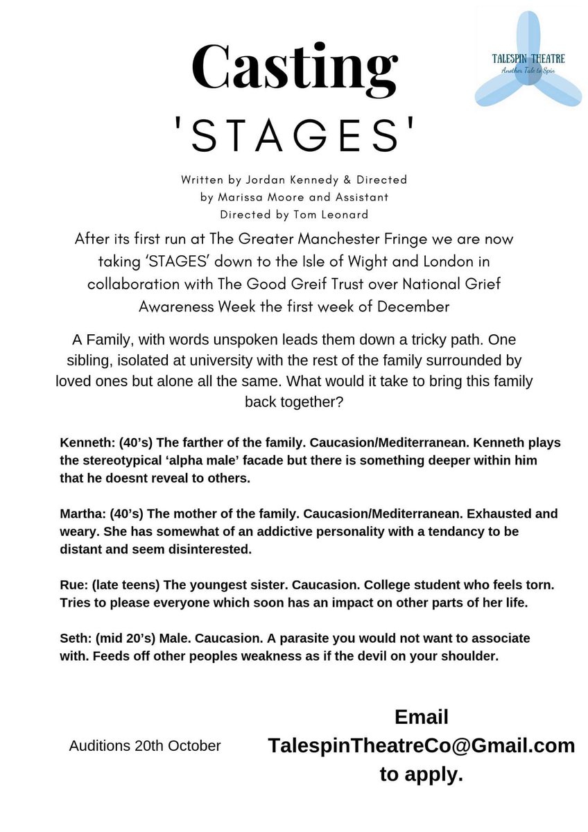 ⭐#Casting⭐

Looking for two Actors Male and Female 40+ to play key roles in #Stages. This is a brilliant opportunity to be part of #NationalGriefAwarenessWeek with london shows and isle of wight. 
<a href="/SupportBritish/">U.K. Actors Support Network</a>
With Guest talks and in partnership with <a href="/goodgrieftrust/">The Good Grief Trust</a>