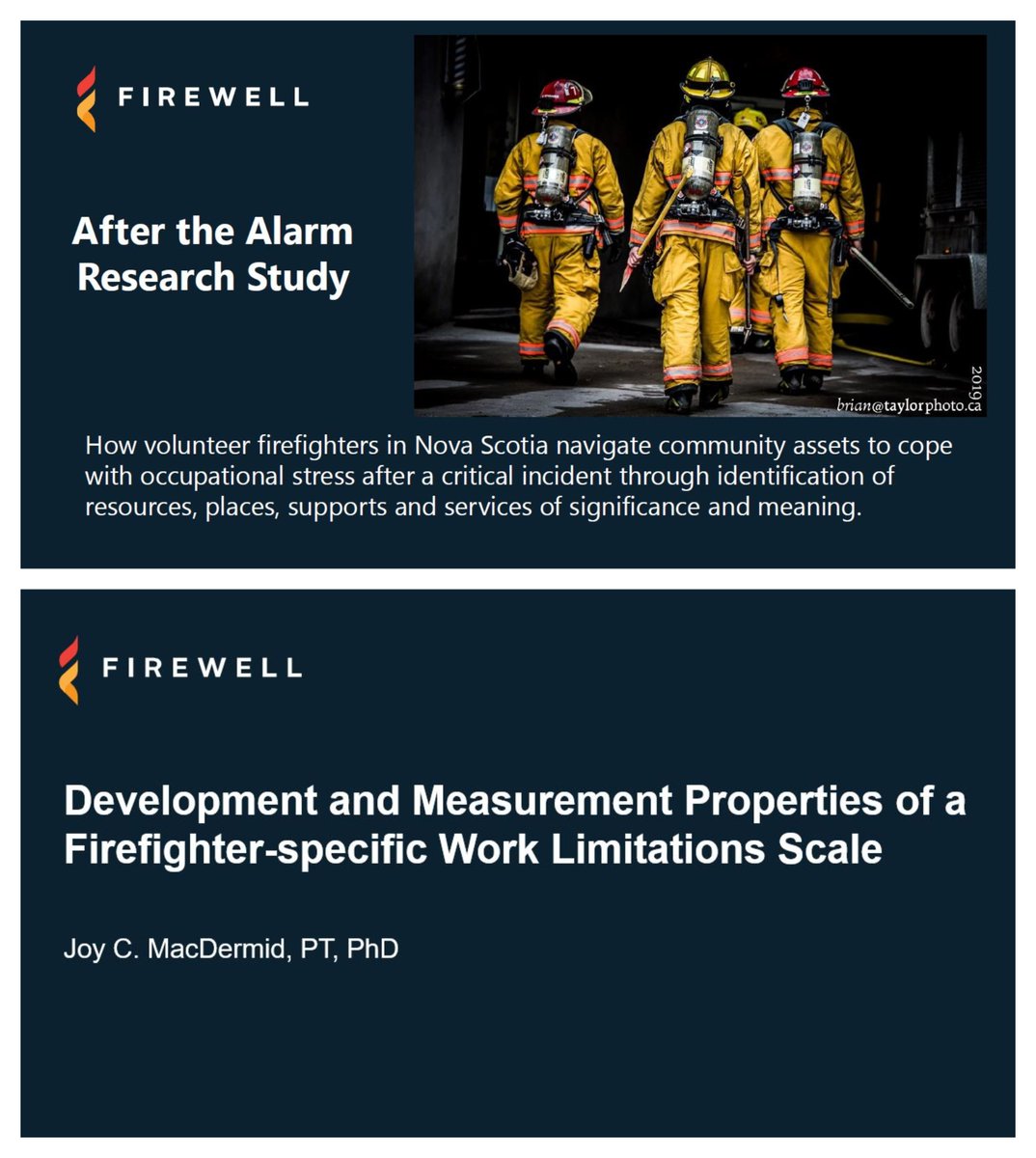 FirewellHealth's tweet photo. We can't wait for the #CIMVHRForum 2019 in Ottawa (Oct 21-23)! Here's a sneak peek of the #FIREWELLResearch team's presentations on #firefighter health!

10/21 @ 6:05 pm: After the Alarm (Robin Campbell)

10/22 @ 5:40 pm: A new work limitations survey for FF (Dr. Joy MacDermid) https://t.co/gRVKkexV2B