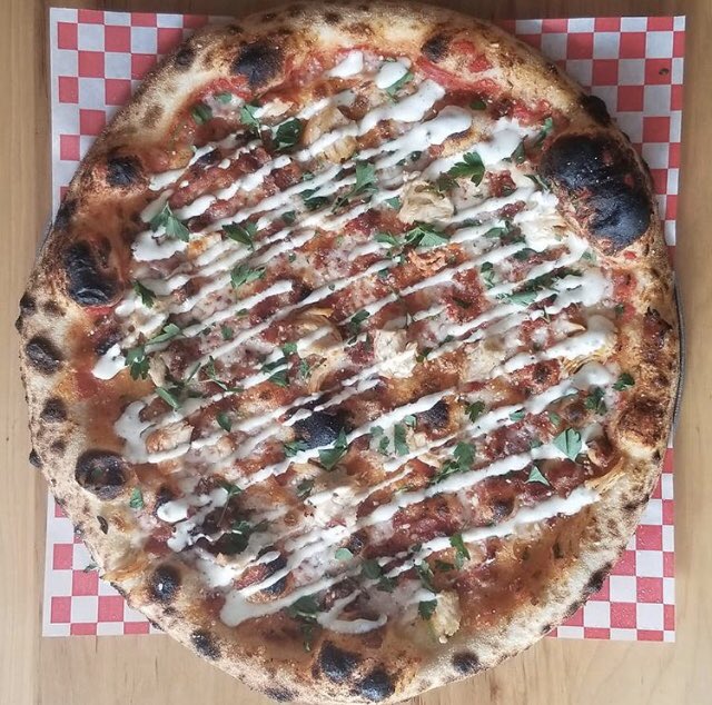 CBR Chicken bacon ranch is now at the Bloomington store. Sells out fast! Get it while you can! Red sauce, aged mozzarella, chicken, bacon, house made ranch and parsley. #naturallyleavenedpizza #kingdough #kingdoughpizza