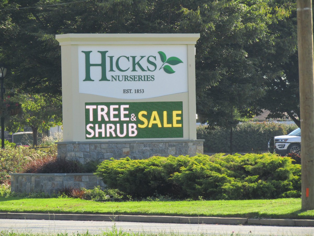 ThinkSign's tweet photo. ThinkSIGN of the day!  Fall is the time to save big and plant trees and shrubs on Long Island NY.  Thank you @hicksnurseries and @vallesigns for your trust in us.  Your 10mm 3' x 9' looks beautiful.  #signs #digitalsigns #thinksignled https://t.co/LokTAQw5YQ